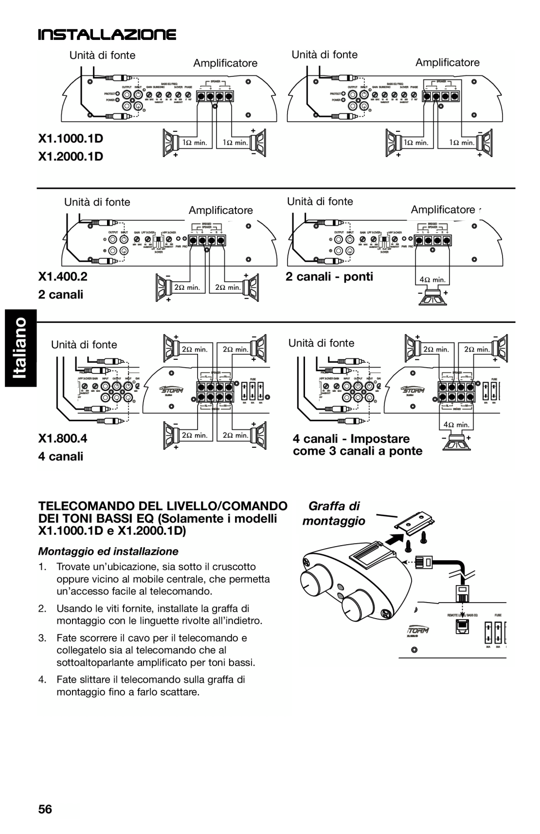 Lightning Audio manual Italiano, Installazione, X1.1000.1D X1.2000.1D, X1.400.2, canali - ponti, X1.800.4 4 canali 