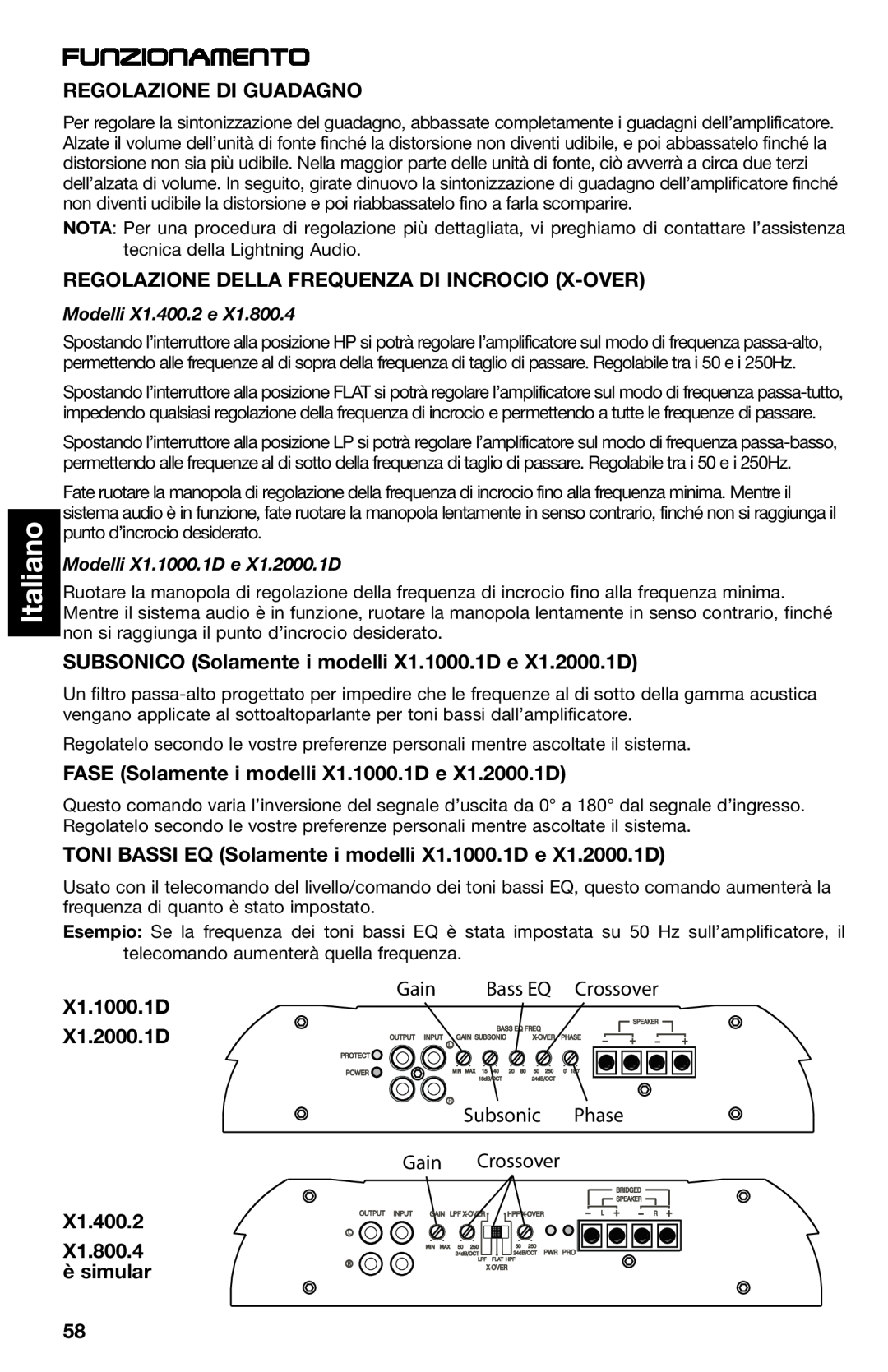Lightning Audio Funzionamento, Italiano, Regolazione Di Guadagno, X1.1000.1D X1.2000.1D, X1.400.2 X1.800.4 è simular 