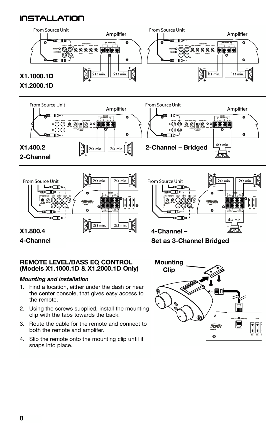 Lightning Audio manual Installation, X1.1000.1D X1.2000.1D, X1.400.2 2-Channel, Channel- Bridged, X1.800.4 4-Channel 