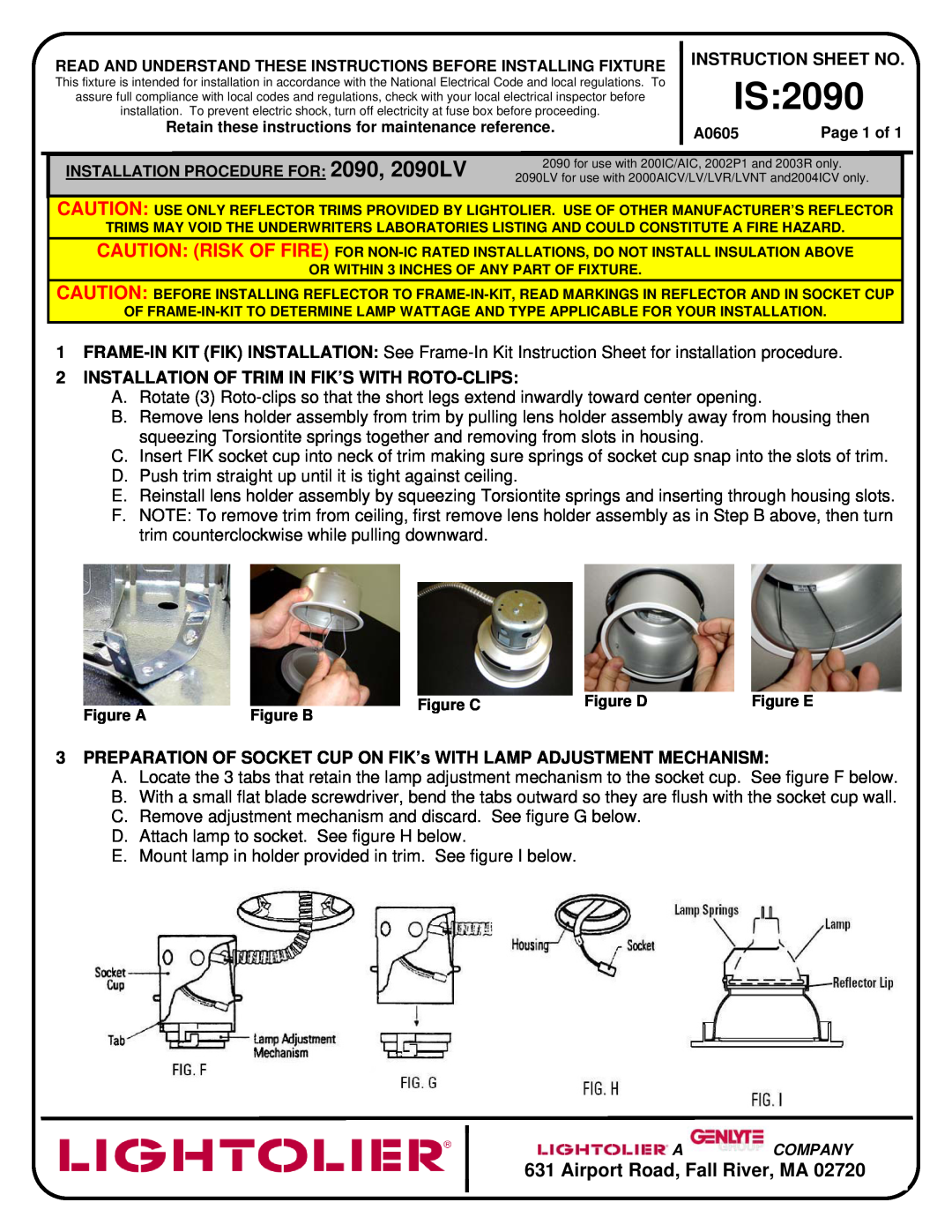 Lightolier 0790 instruction sheet Is, Airport Road, Fall River, MA, Instruction Sheet No 