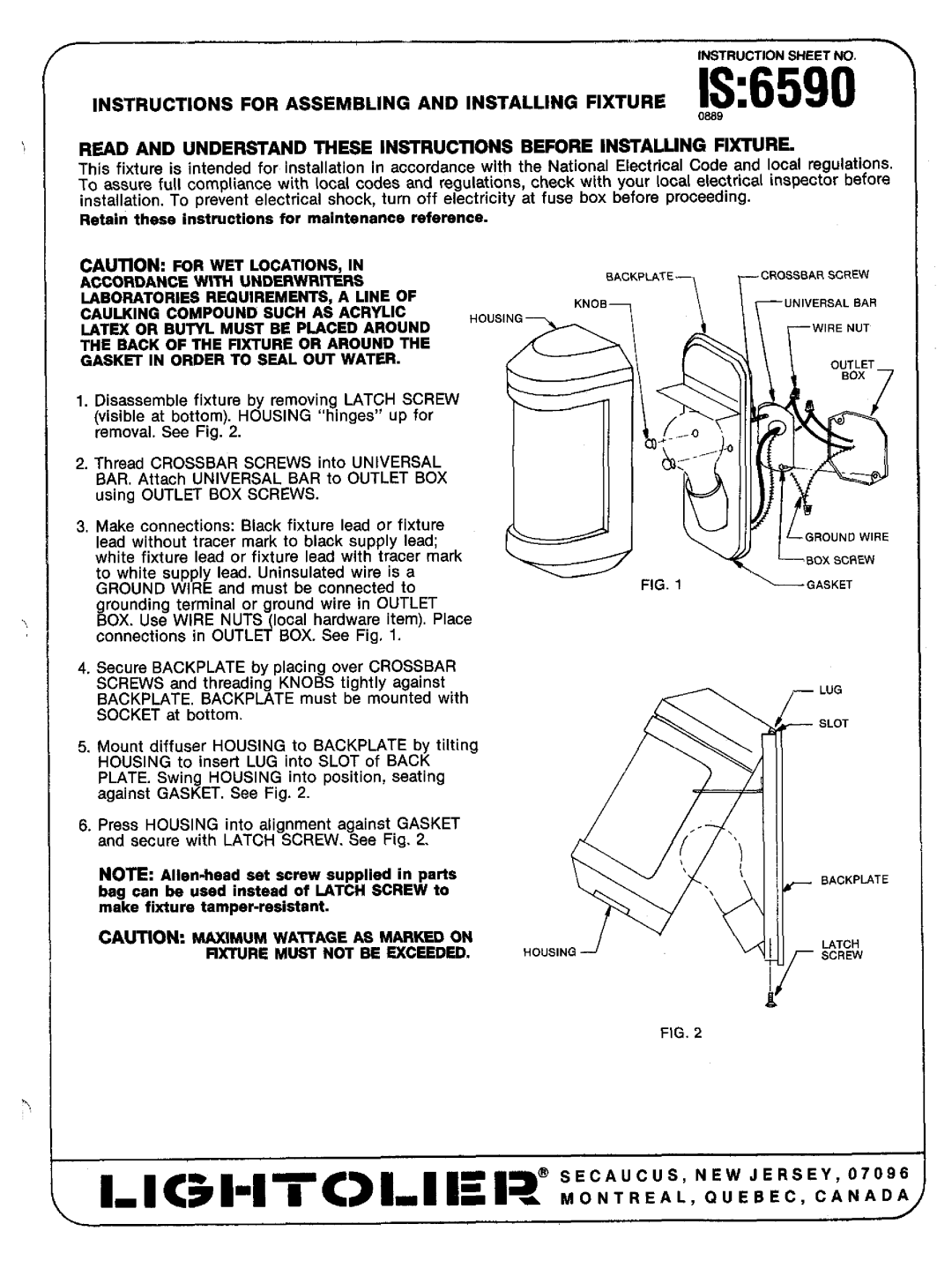 Lightolier 0889 instruction sheet Retein these instructions for maintenance reference 