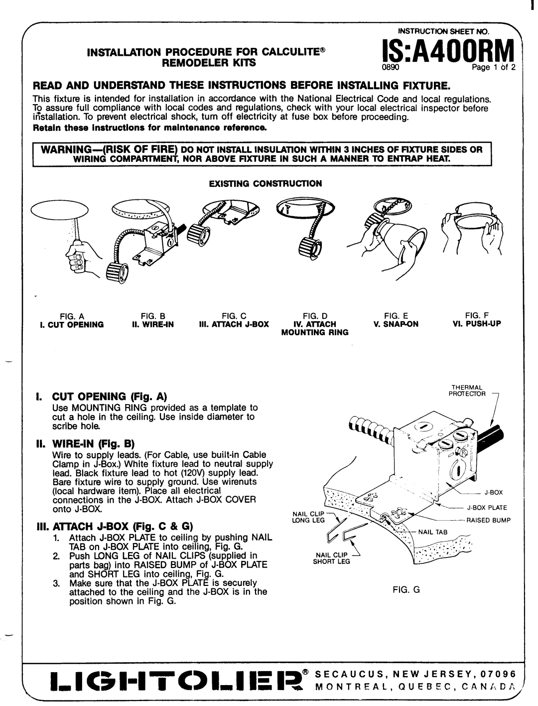 Lightolier 0890 instruction sheet ISA400RM, Installation Procedure for CALCULITE@ 