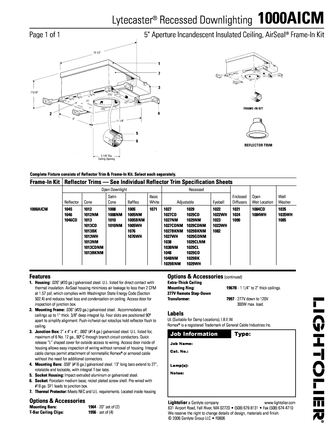 Lightolier specifications Lytecaster Recessed Downlighting 1000AICM, Page 1 of, Features, Options & Accessories, Labels 