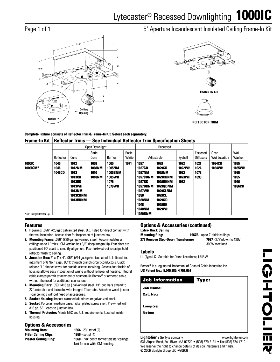 Lightolier specifications Lytecaster Recessed Downlighting 1000IC, Page 1 of, Features, Options & Accessories, Labels 