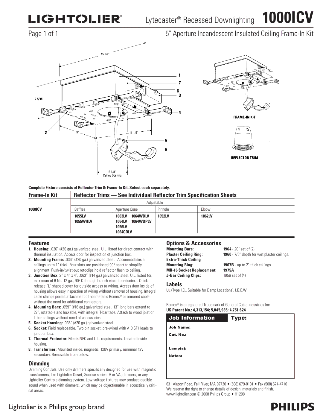 Lightolier specifications Lytecaster Recessed Downlighting 1000ICV 