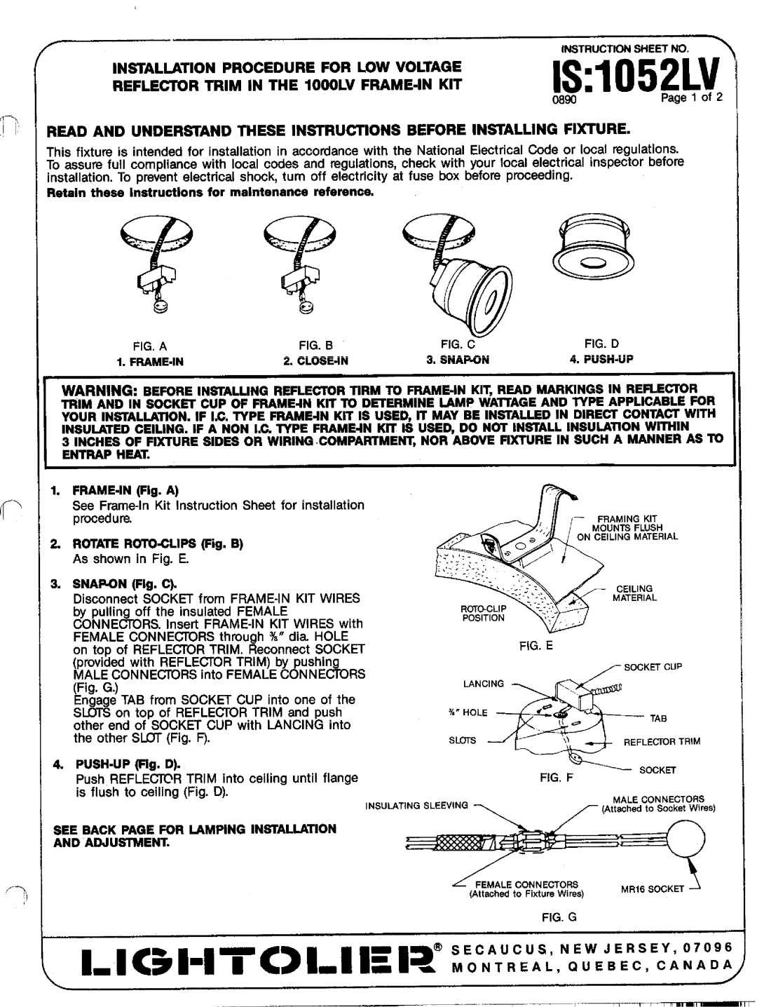 Lightolier 1000LV instruction sheet LS1052LV, Installation Procedure for, FRAME-IN CLOSE4N 