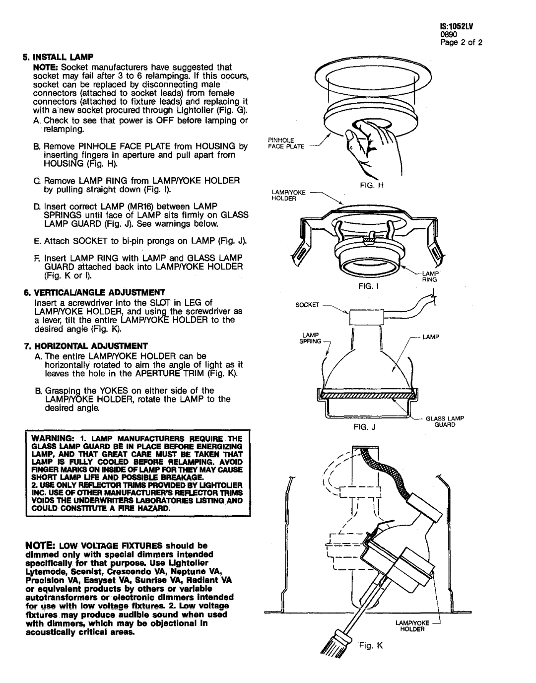 Lightolier 1000LV instruction sheet Install Lamp, Horizontal Adjlkwment 