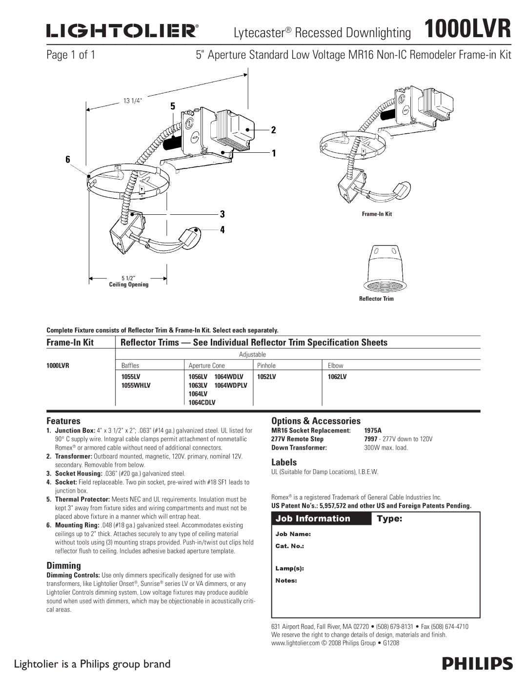 Lightolier specifications Lytecaster Recessed Downlighting 1000LVR, Features, Dimming, Options & Accessories, Labels 