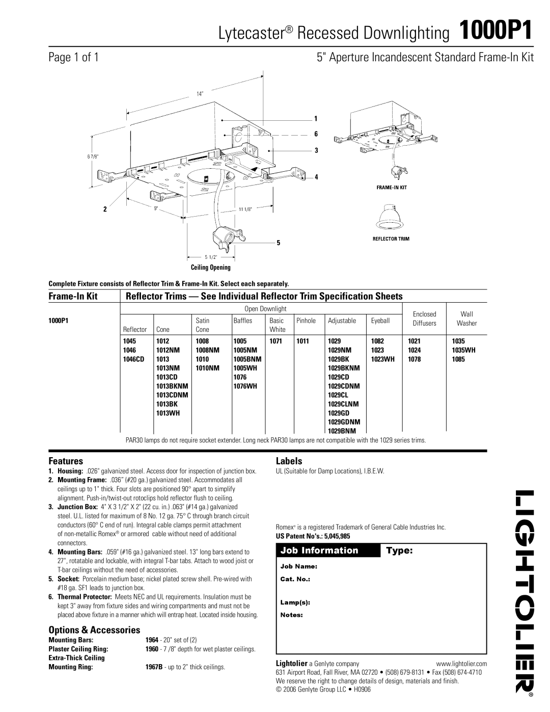 Lightolier specifications Lytecaster­, Recessed Downlighting 1000P1, Aperture Incandescent Standard Frame-In Kit 