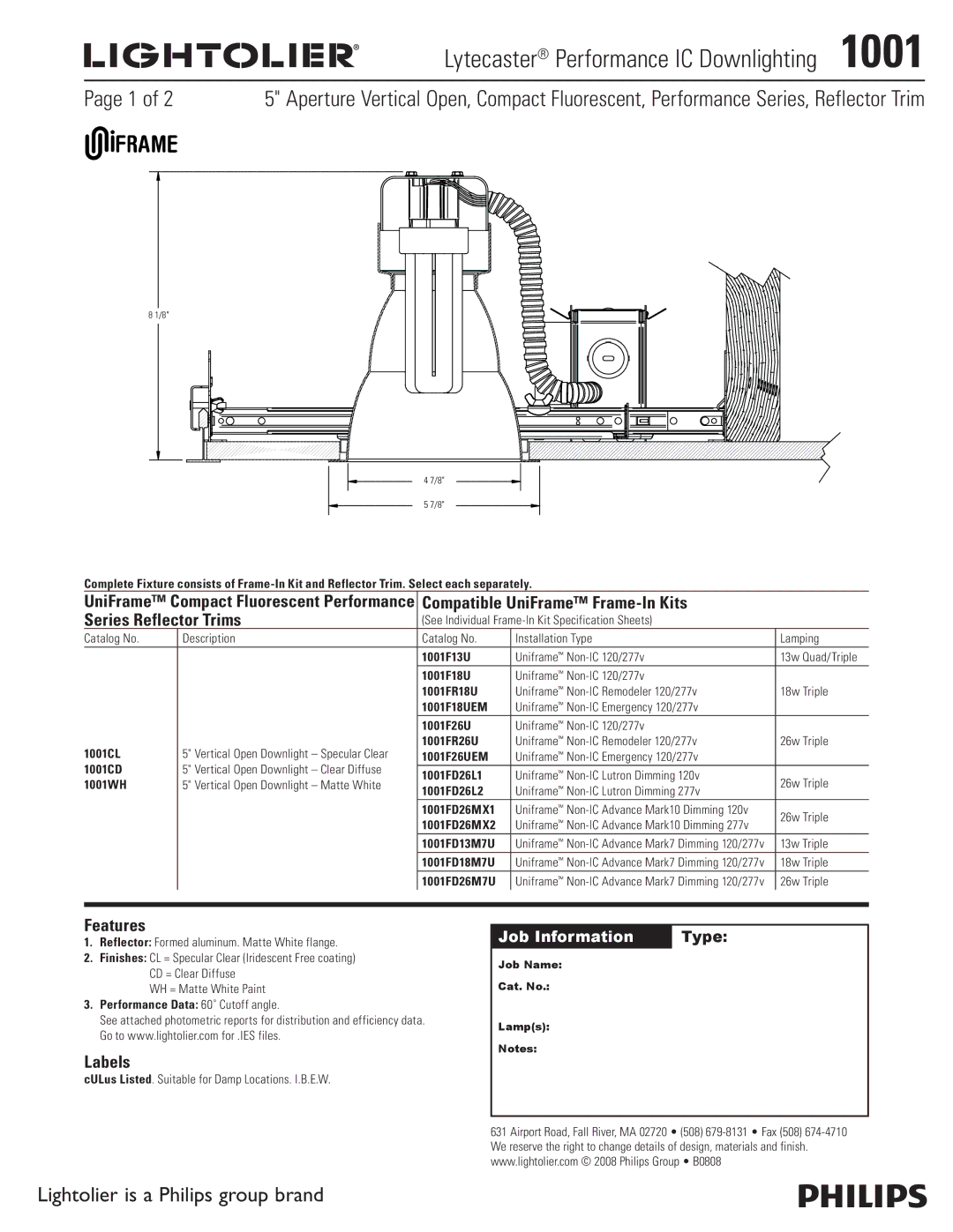 Lightolier 1001 specifications Lytecaster Performance IC Downlighting , Features, Labels 