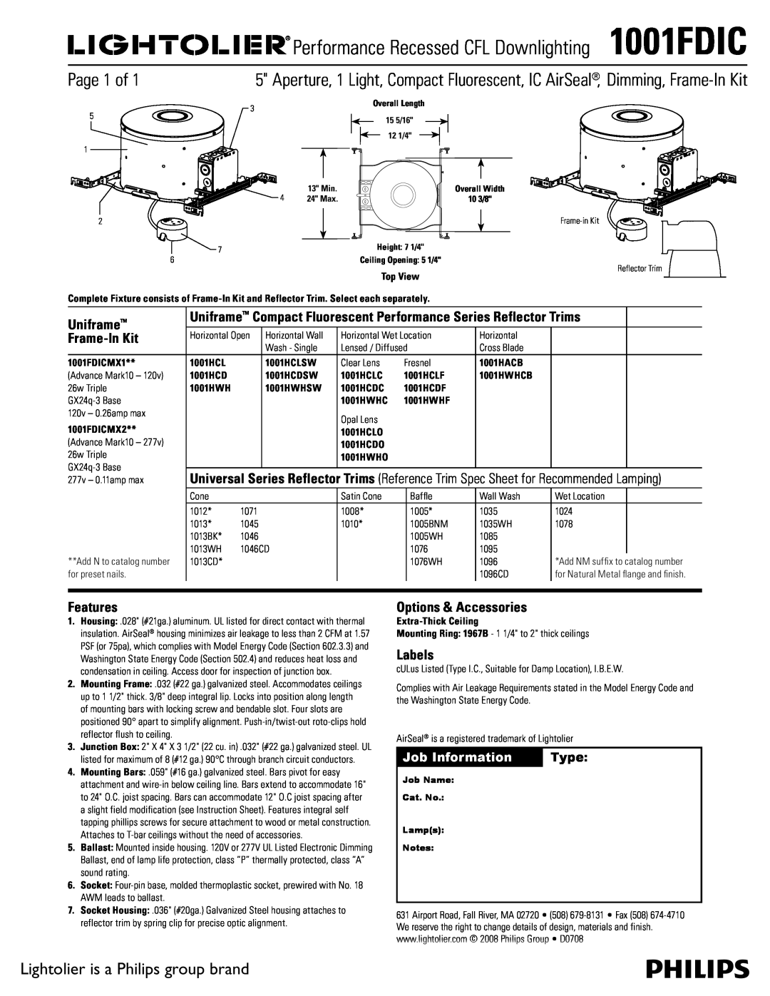 Lightolier 1001FDIC instruction sheet Page 1 of, Lightolier is a Philips group brand, Uniframe, Frame-InKit, Features 