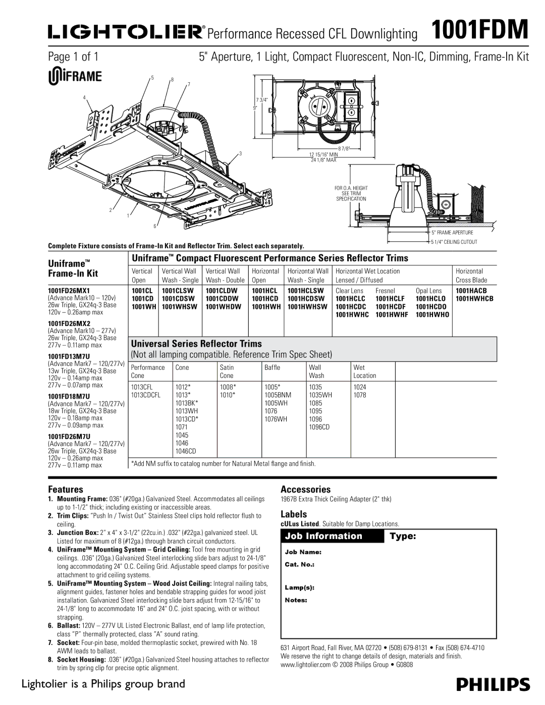 Lightolier 1001FDM manual Uniframe, Frame-In Kit, Universal Series Reflector Trims, Features, Accessories, Labels 