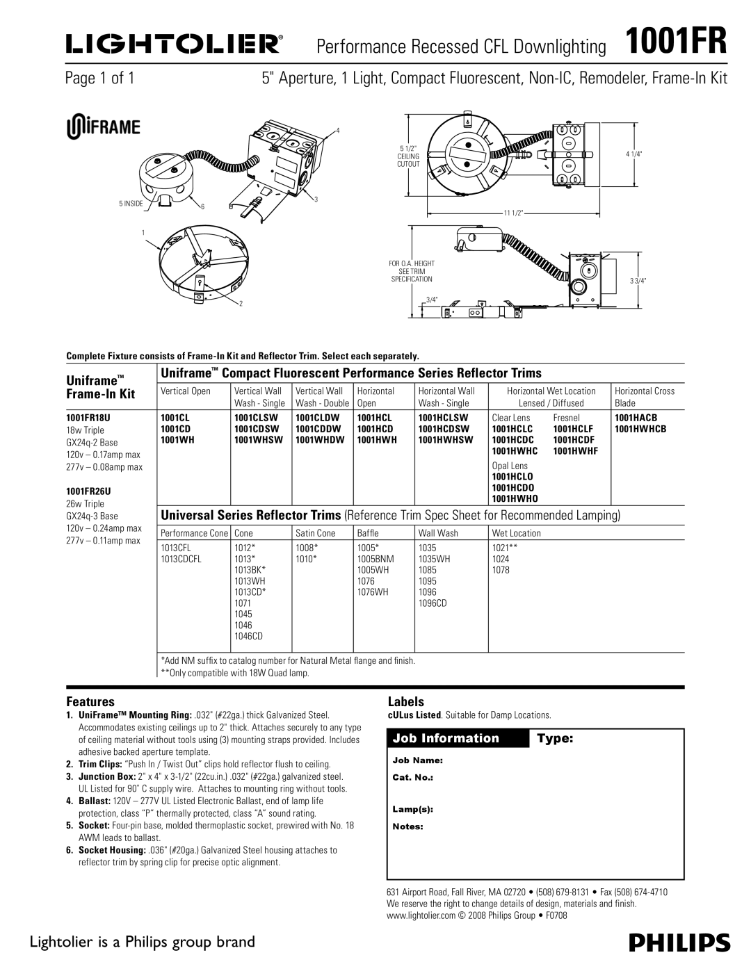 Lightolier manual Performance Recessed CFL Downlighting 1001FR, Uniframe, Frame-In Kit, Features, Labels 