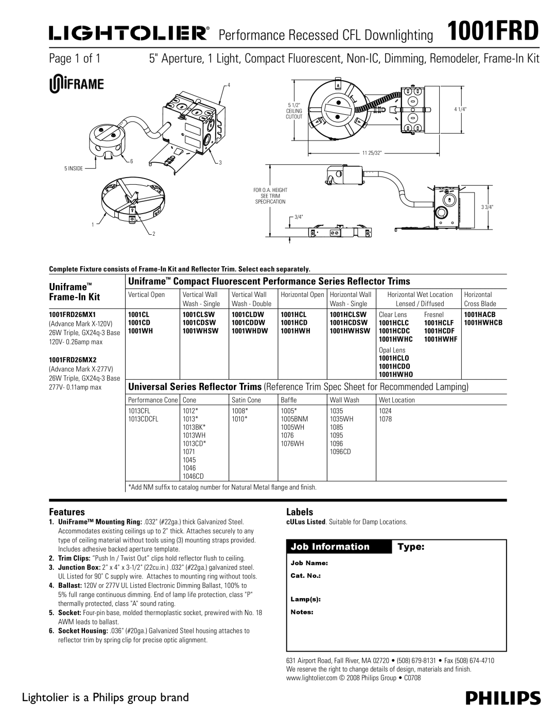 Lightolier manual Performance Recessed CFL Downlighting 1001FRD, Uniframe, Frame-In Kit, Features, Labels 