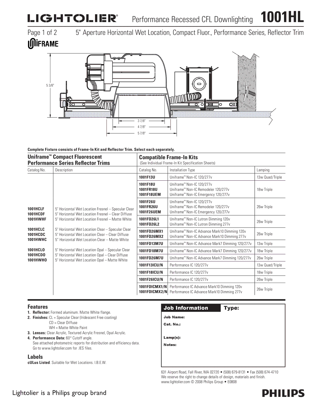 Lightolier 1001HL specifications Features, Labels 