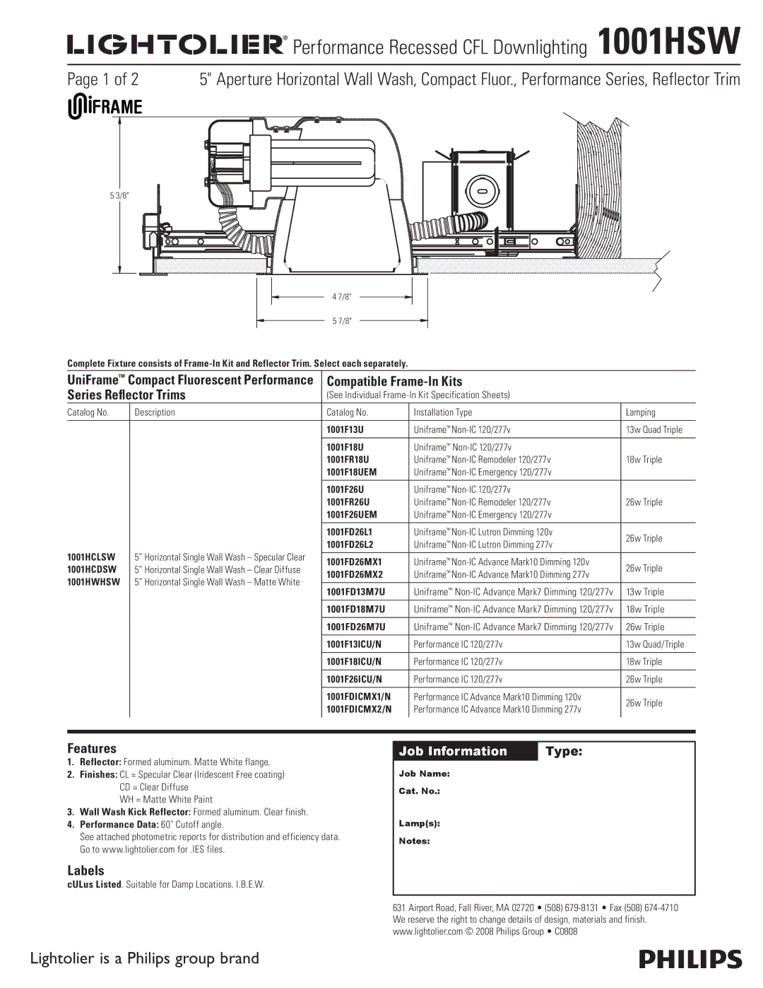 Lightolier 1001HSW specifications Compatible Frame-In Kits Series Reflector Trims, Features, Labels 