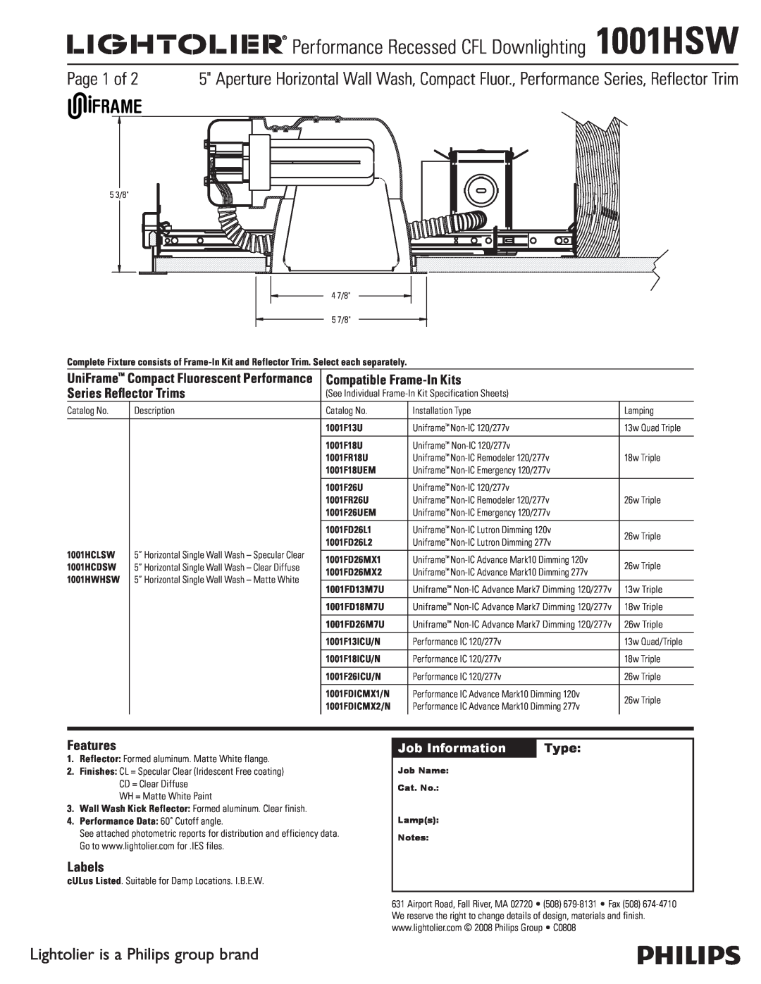 Lightolier 1001HSW specifications Page 1 of, Lightolier is a Philips group brand, Job Information, Type, Features, Labels 