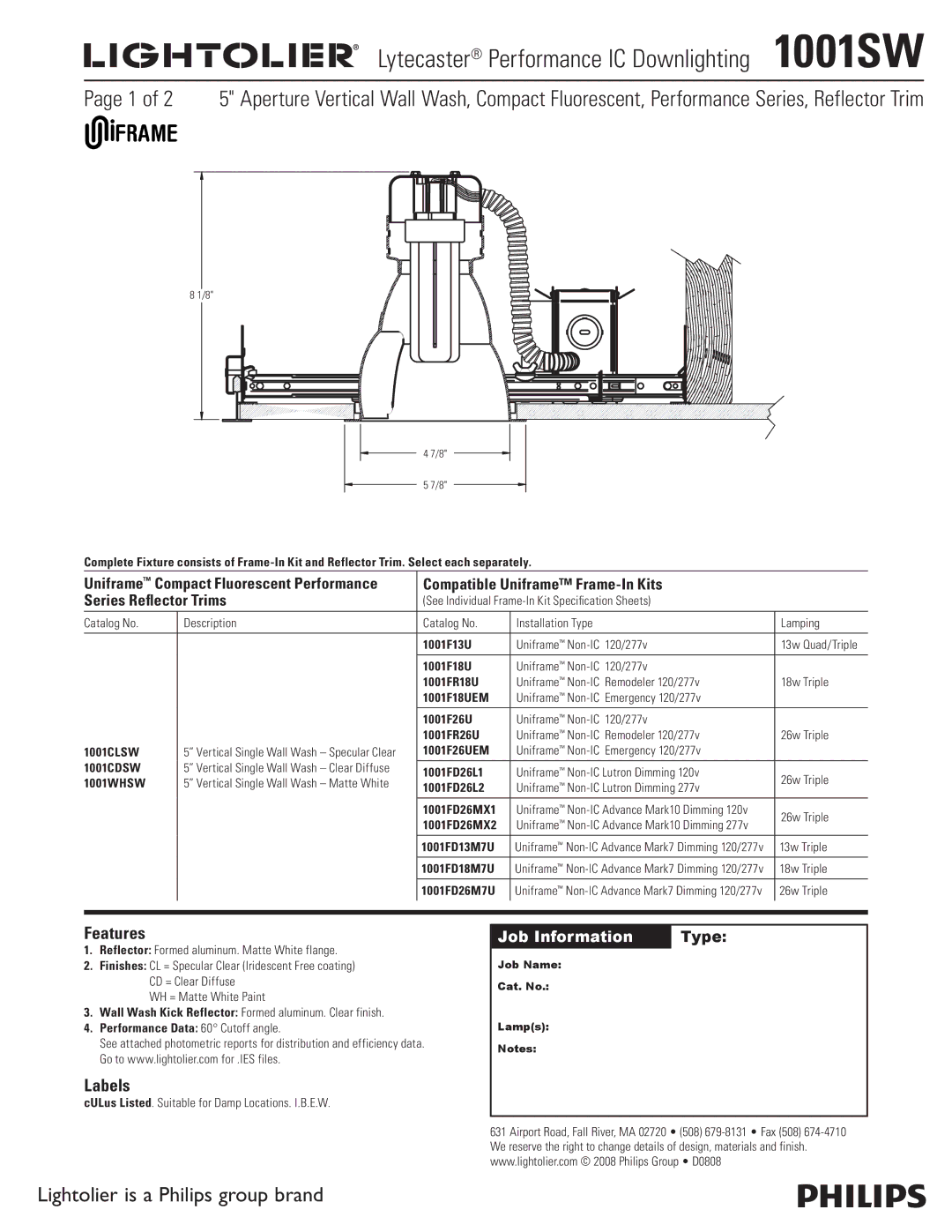 Lightolier manual Lytecaster Performance IC Downlighting 1001SW, Features, Labels 