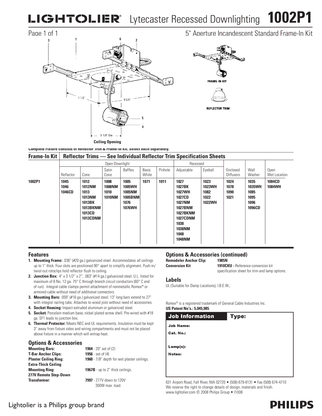 Lightolier specifications Lytecaster Recessed Downlighting 1002P1, Aperture Incandescent Standard Frame-In Kit, Labels 