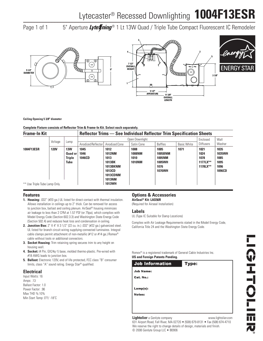 Lightolier specifications Lytecaster Recessed Downlighting 1004F13ESR, Features, Electrical, Options & Accessories 