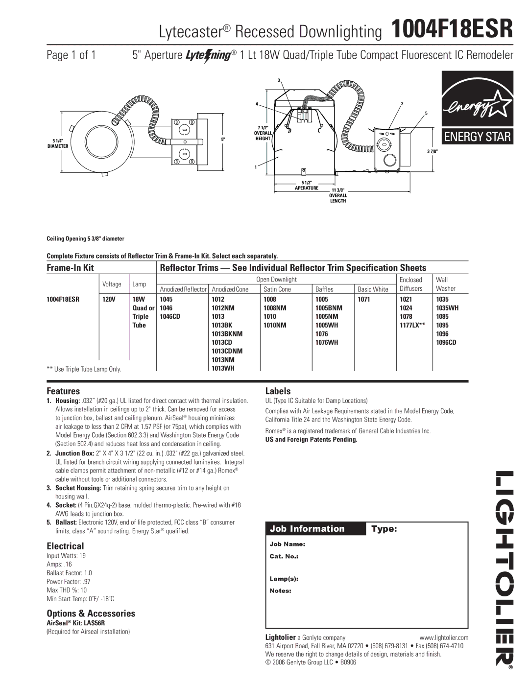 Lightolier specifications Lytecaster Recessed Downlighting 1004F18ESR, Features, Electrical, Options & Accessories 