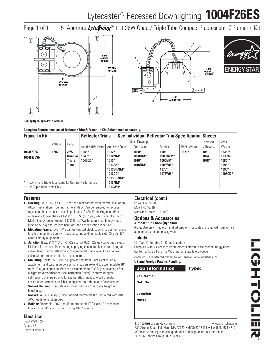 Lightolier specifications Lytecaster Recessed Downlighting 1004F26ES, Features, Electrical, Options & Accessories 