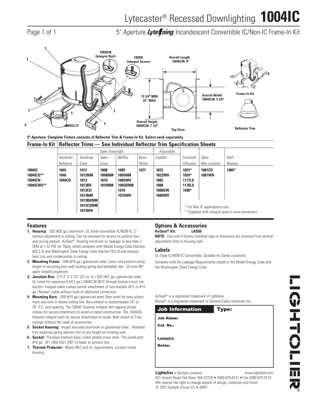 Lightolier specifications Lytecaster Recessed Downlighting 1004IC, Features, Options & Accessories, Labels 