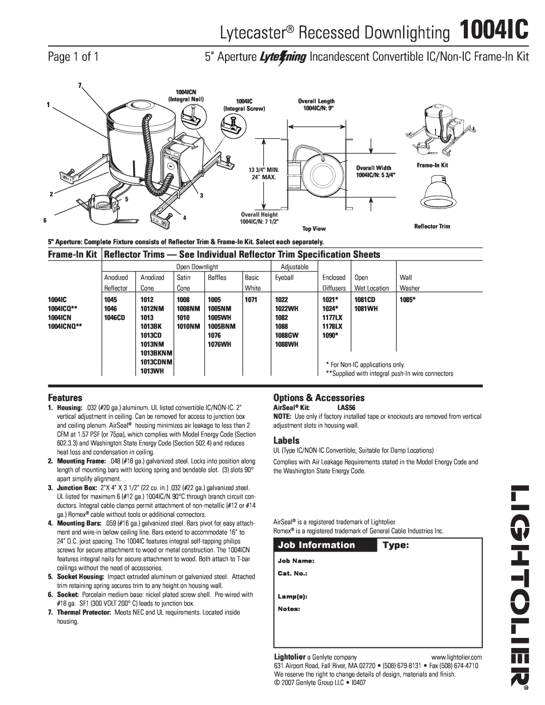 Lightolier specifications Lytecaster Recessed Downlighting 1004IC, Page 1 of, Features, Options & Accessories, Labels 