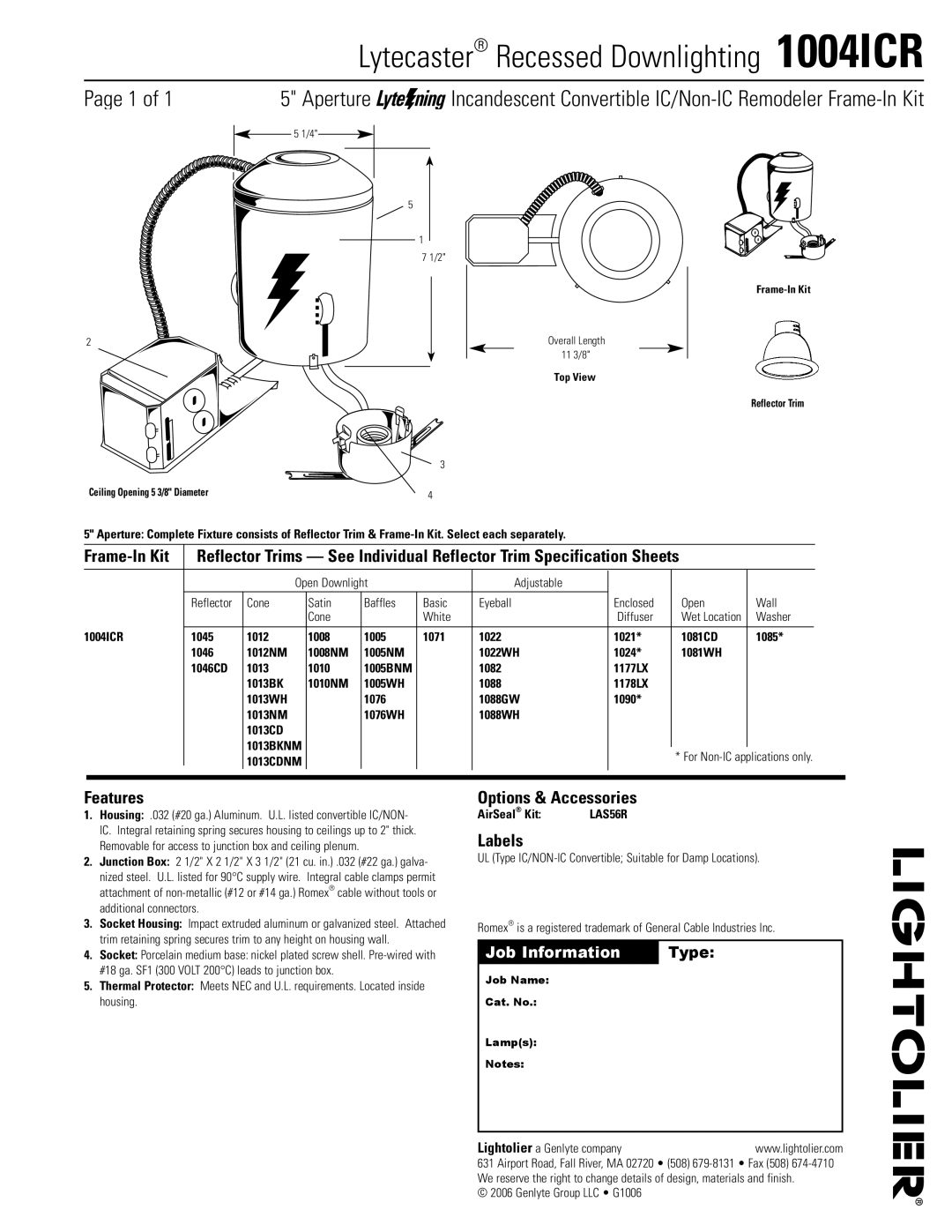 Lightolier specifications Lytecaster Recessed Downlighting 1004ICR, Frame-In Kit, Features, Options & Accessories 