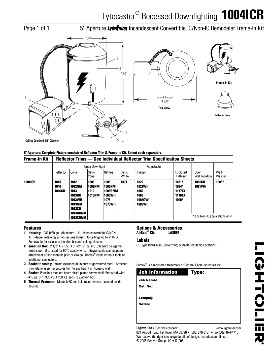Lightolier specifications Lytecaster Recessed Downlighting 1004ICR, Page 1 of, Frame-InKit, Features, Labels, Type 