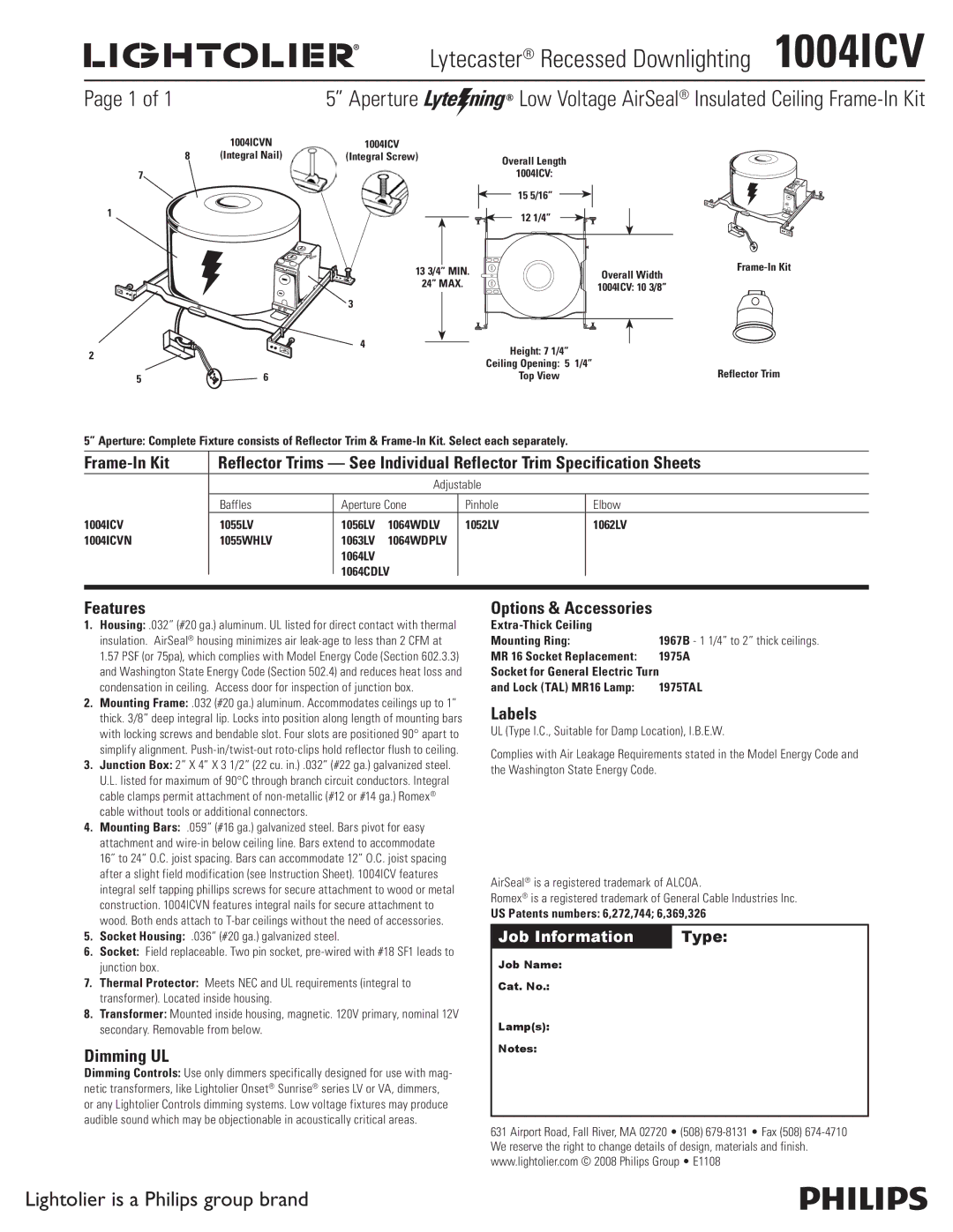 Lightolier specifications Lytecaster Recessed Downlighting 1004ICV, Features, Dimming UL, Options & Accessories, Labels 