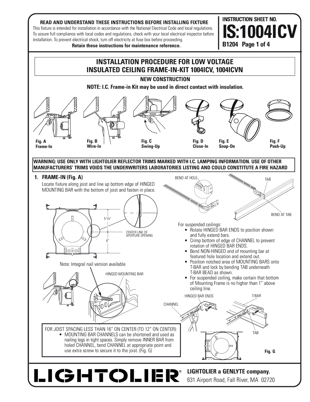 Lightolier 1004ICVN instruction sheet B1204 Page 1, FRAME-IN Fig. a 