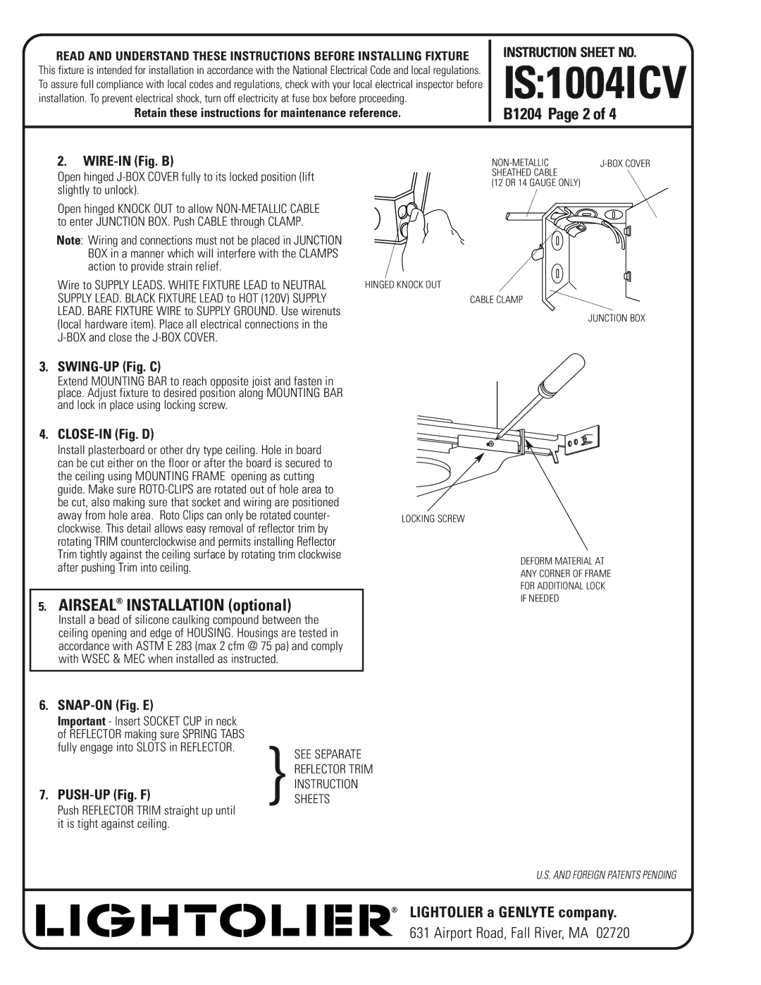 Lightolier 1004ICVN instruction sheet B1204 Page 2, Airseal Installation optional 