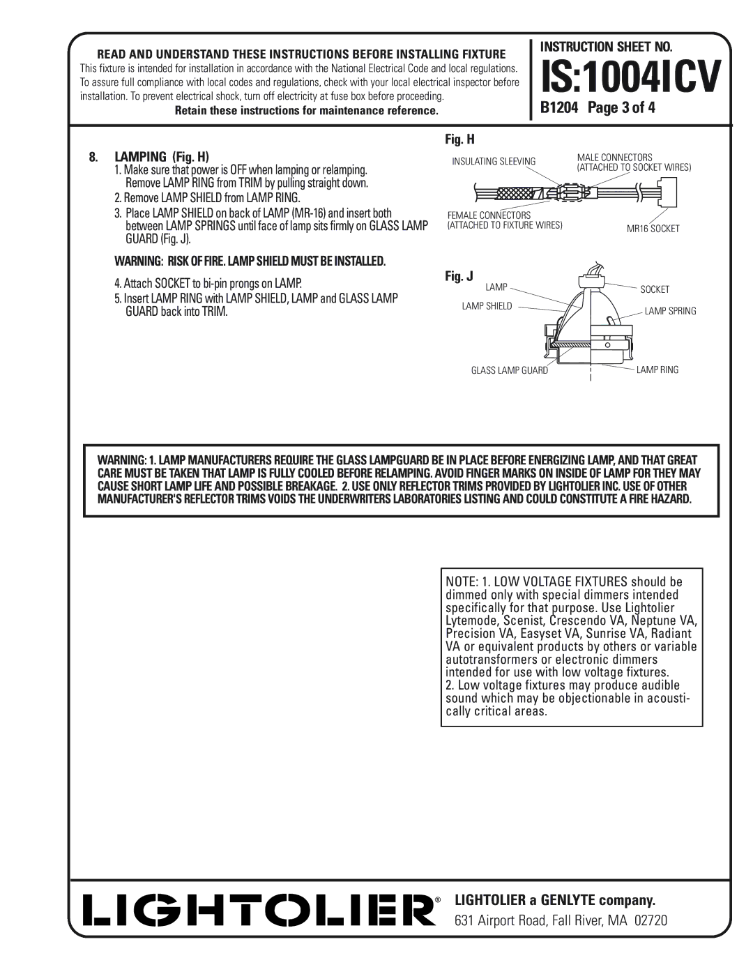 Lightolier 1004ICVN instruction sheet B1204 Page 3, Lamping Fig. H, Remove Lamp Shield from Lamp Ring 