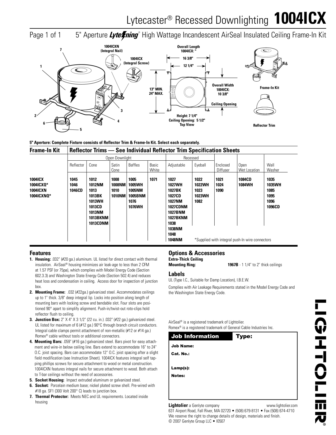 Lightolier specifications Lytecaster Recessed Downlighting 1004ICX, Frame-In Kit, Features, Options & Accessories 