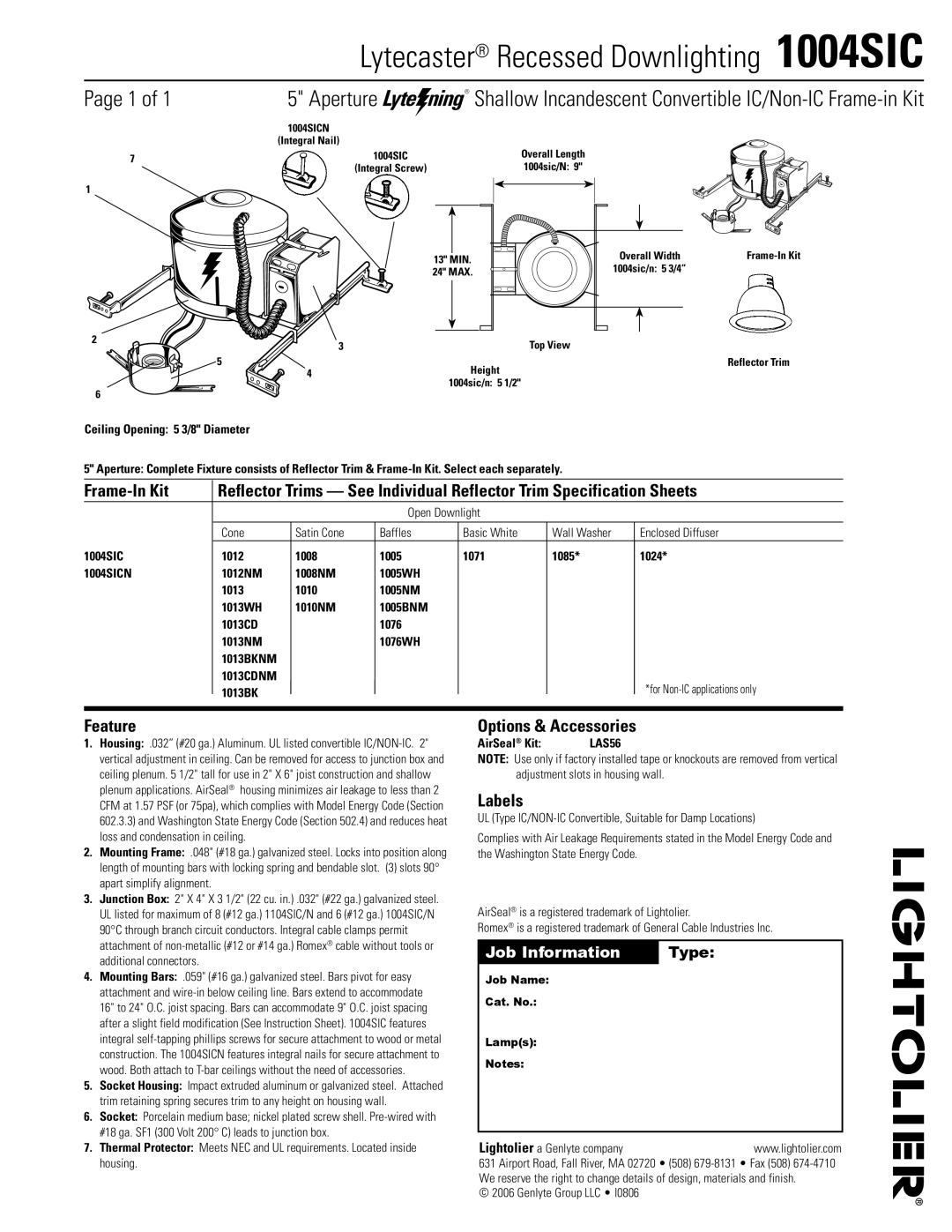 Lightolier specifications Lytecaster Recessed Downlighting 1004SIC, Feature, Options & Accessories, Labels 