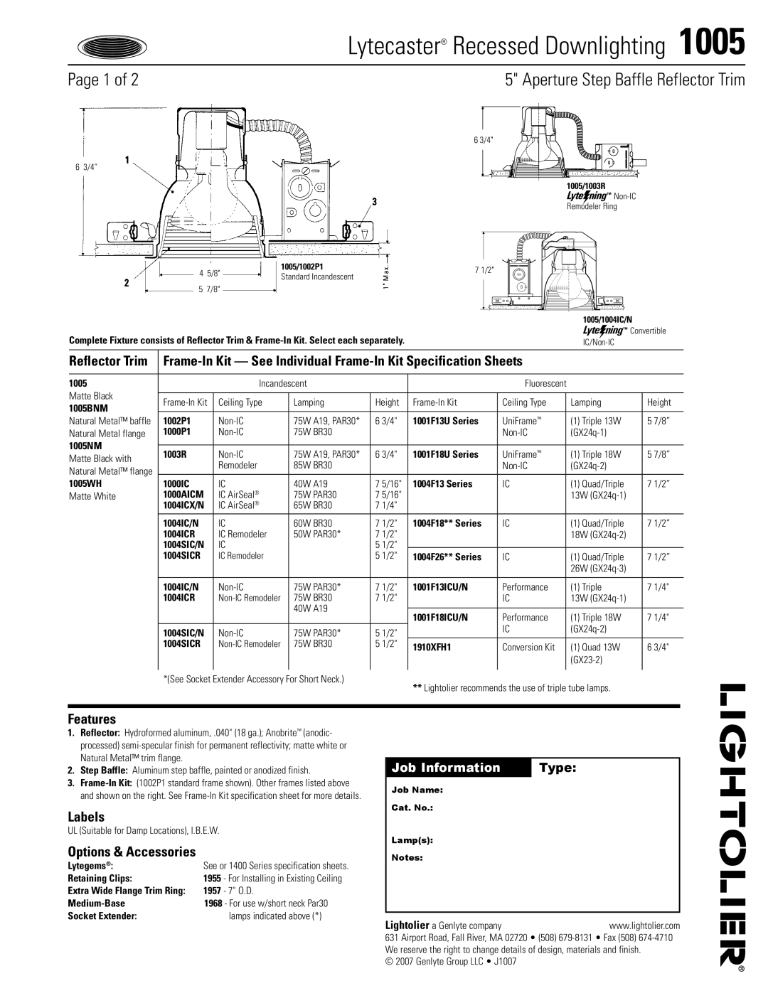 Lightolier 1005 specifications Features, Labels, Options & Accessories 