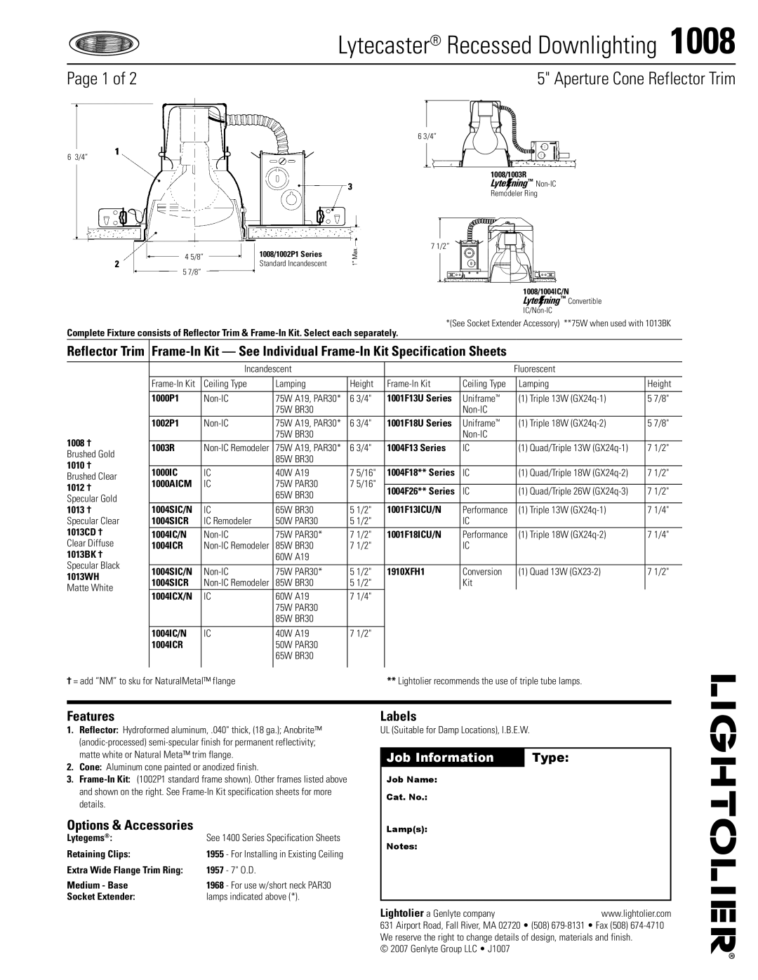 Lightolier 1008 specifications Page of, Aperture Cone Reflector Trim, Job Information, Type, Features, Labels 