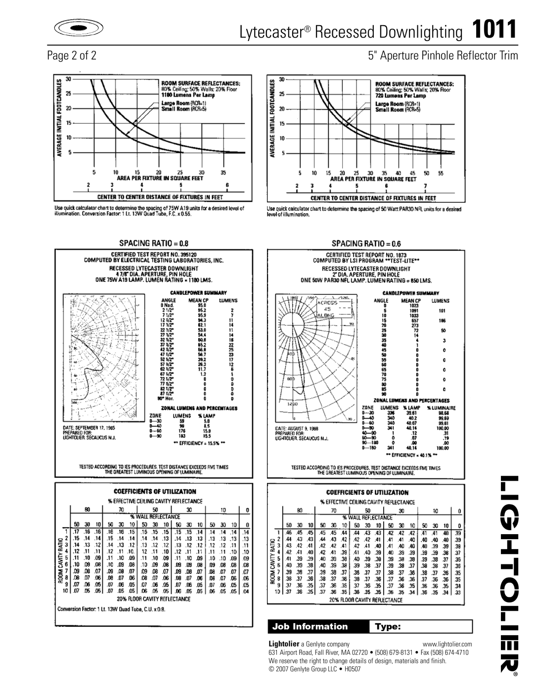 Lightolier 1011 specifications Job Information, Type 