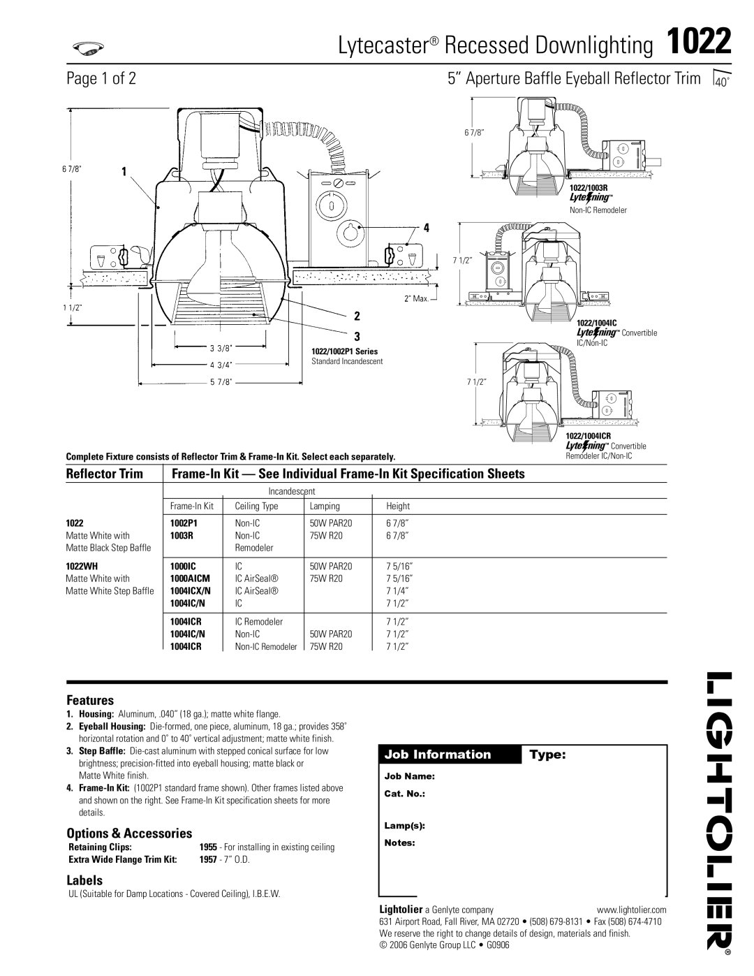 Lightolier 1022 specifications Reflector Trim, Features, Options & Accessories, Labels 