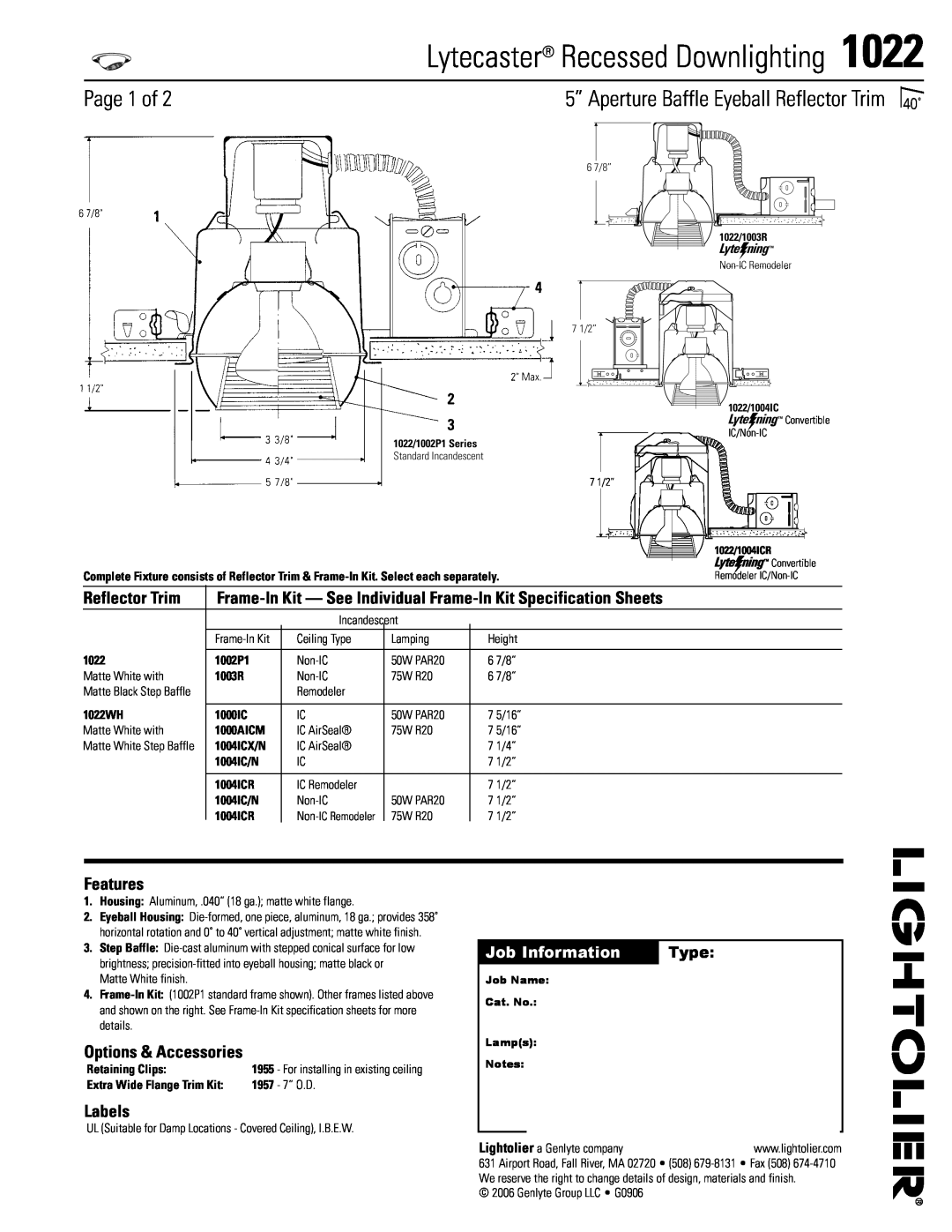Lightolier 1022 specifications Page 1 of, Job Information, Type, Lytecaster Recessed Downlighting, Reflector Trim, Labels 