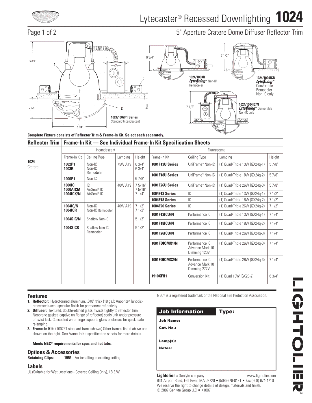 Lightolier 1024 specifications Features, Options & Accessories, Labels, Reflector Trim, Job Information Type 