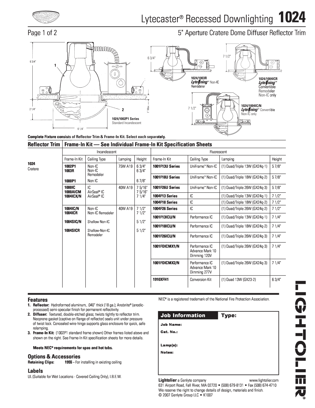 Lightolier 1024 specifications Page 1 of, Reflector Trim, Job Information, Type, Lytecaster Recessed Downlighting, Labels 