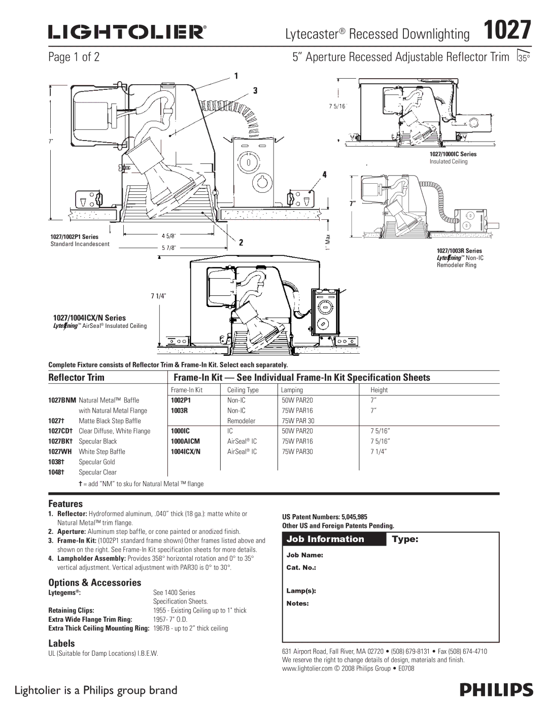 Lightolier 1027 specifications Lightolier is a Philips group brand, Lytecaster Recessed Downlighting , Features, Labels 