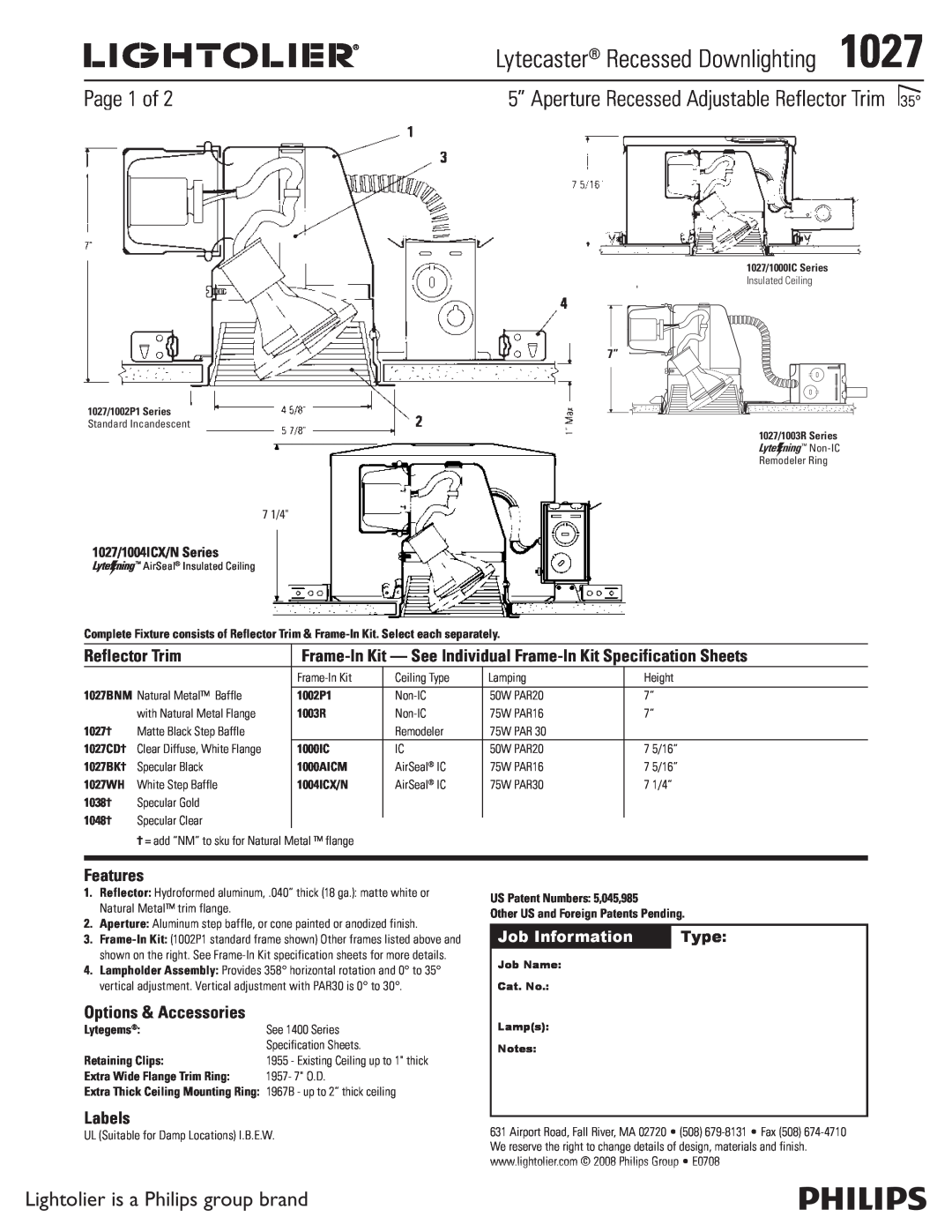 Lightolier specifications Page 1 of, Lightolier is a Philips group brand, Lytecaster Recessed Downlighting1027, Type 