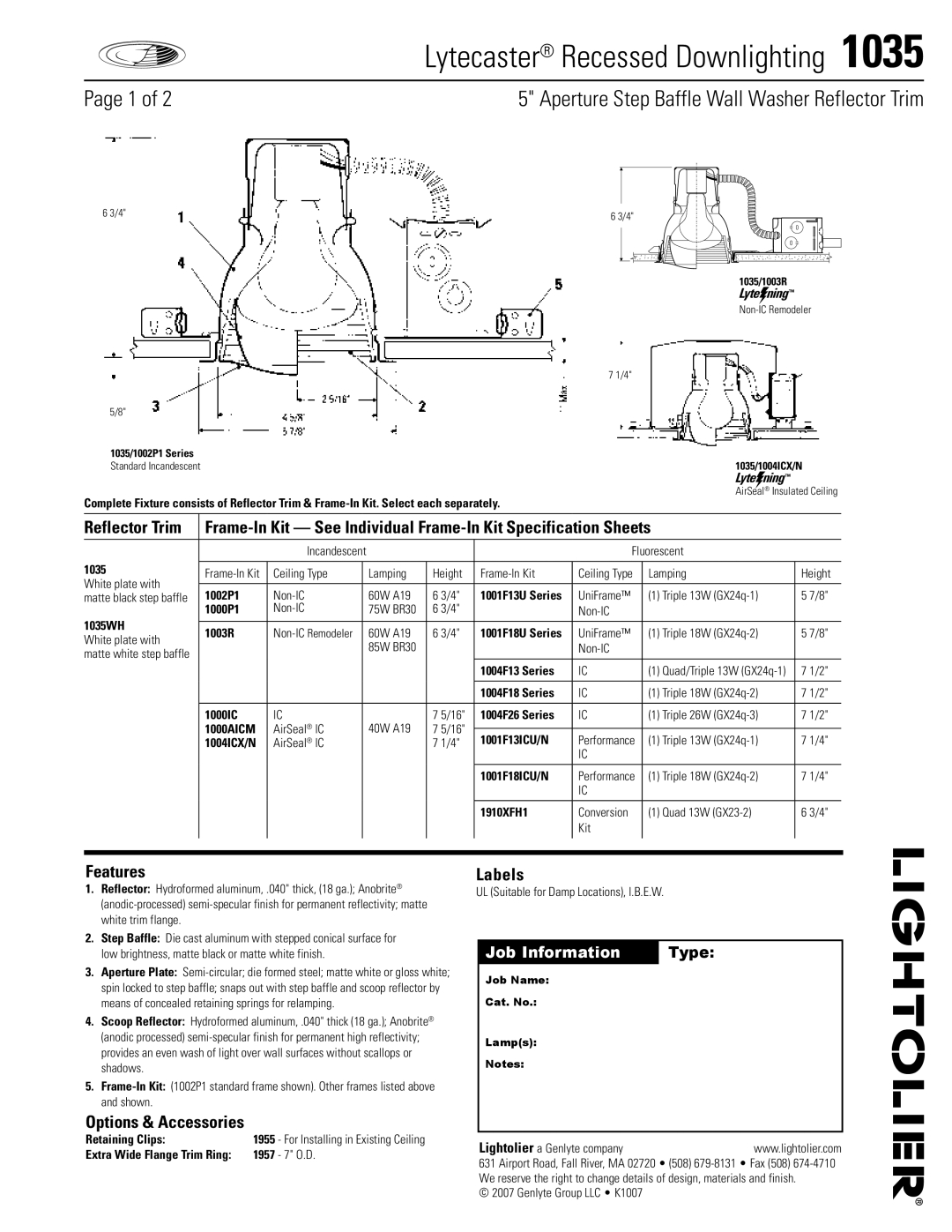 Lightolier 1035 specifications Features, Options & Accessories, Labels 