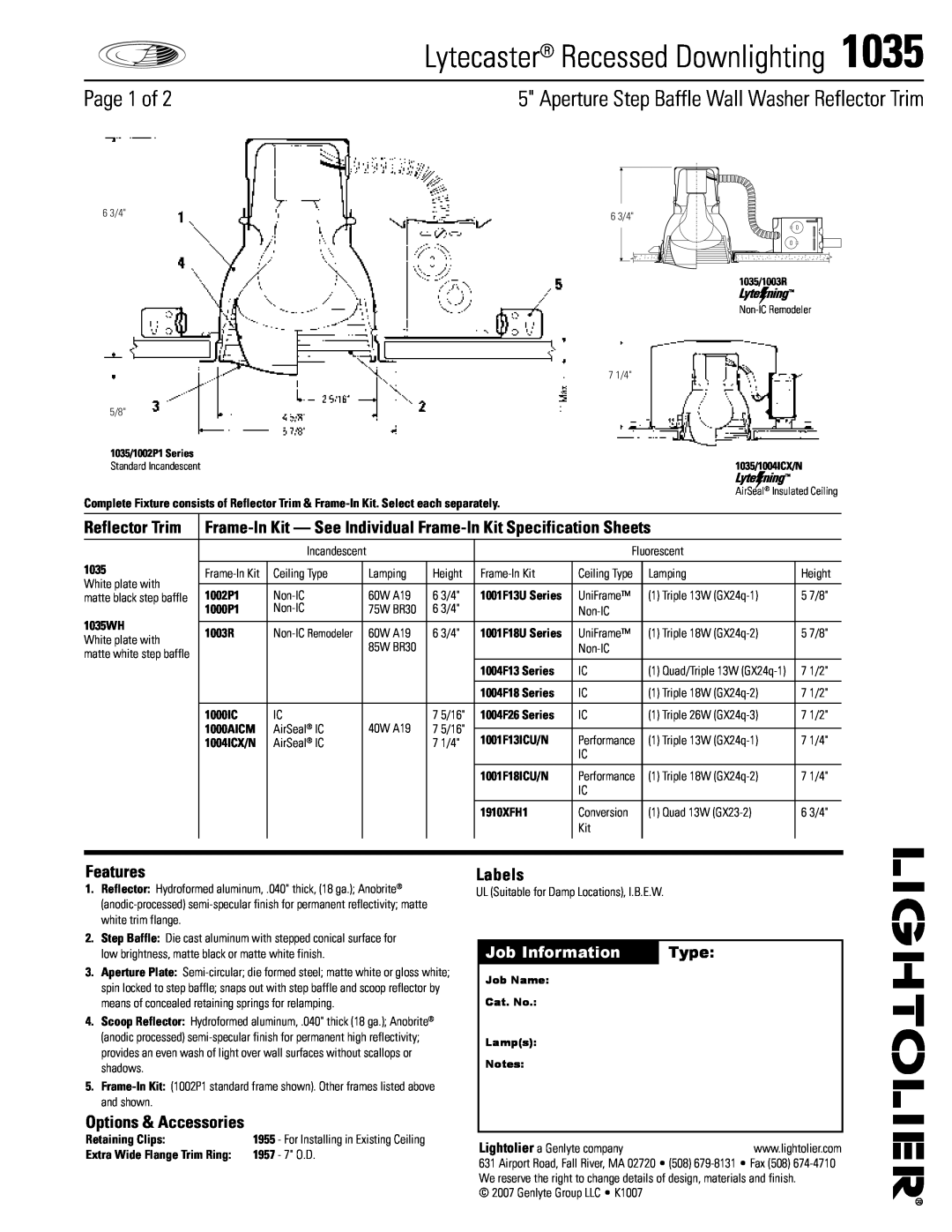 Lightolier 1035 specifications Lytecaster Recessed Downlighting, Page 1 of, Job Information, Type, Features, Labels 