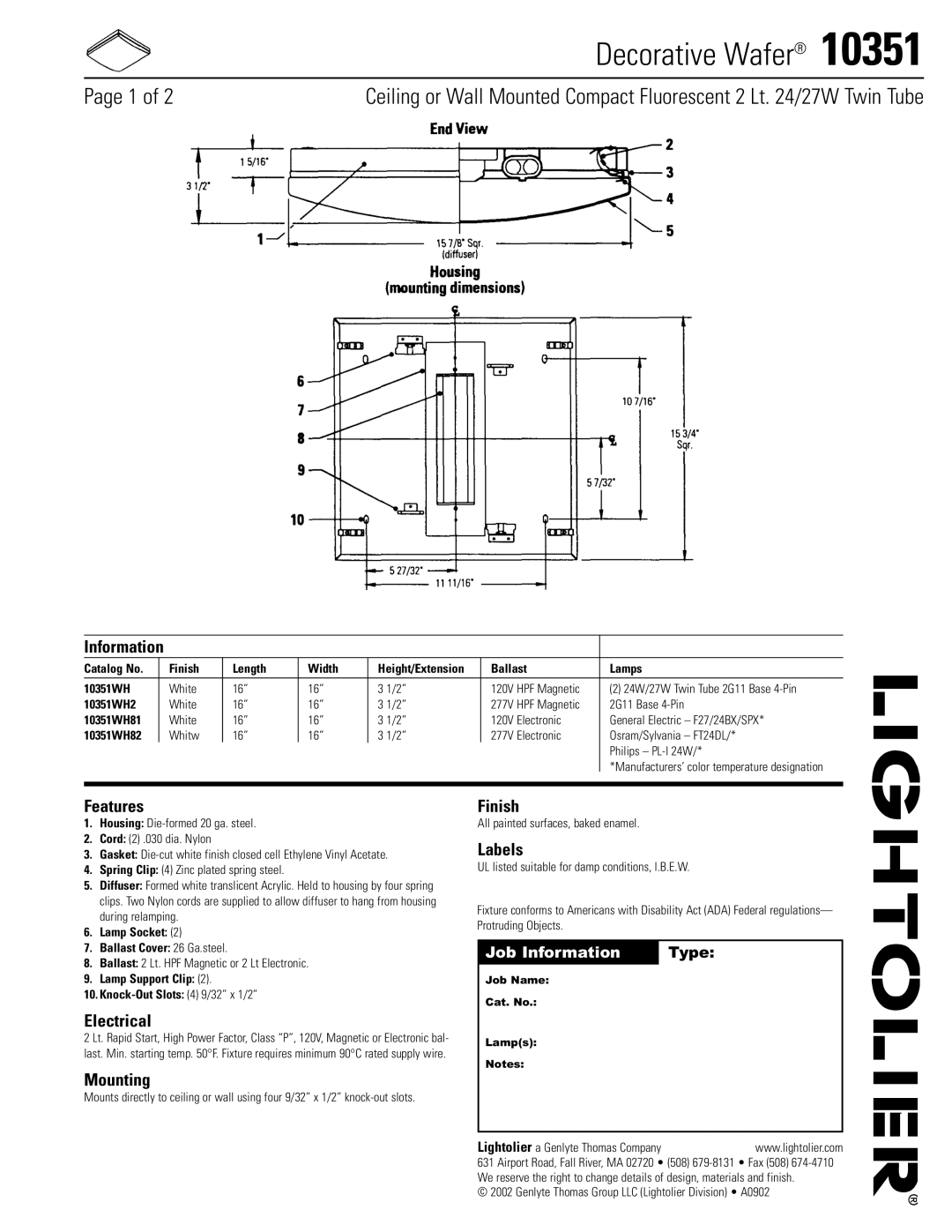 Lightolier 10351 manual Decorative Wafer 