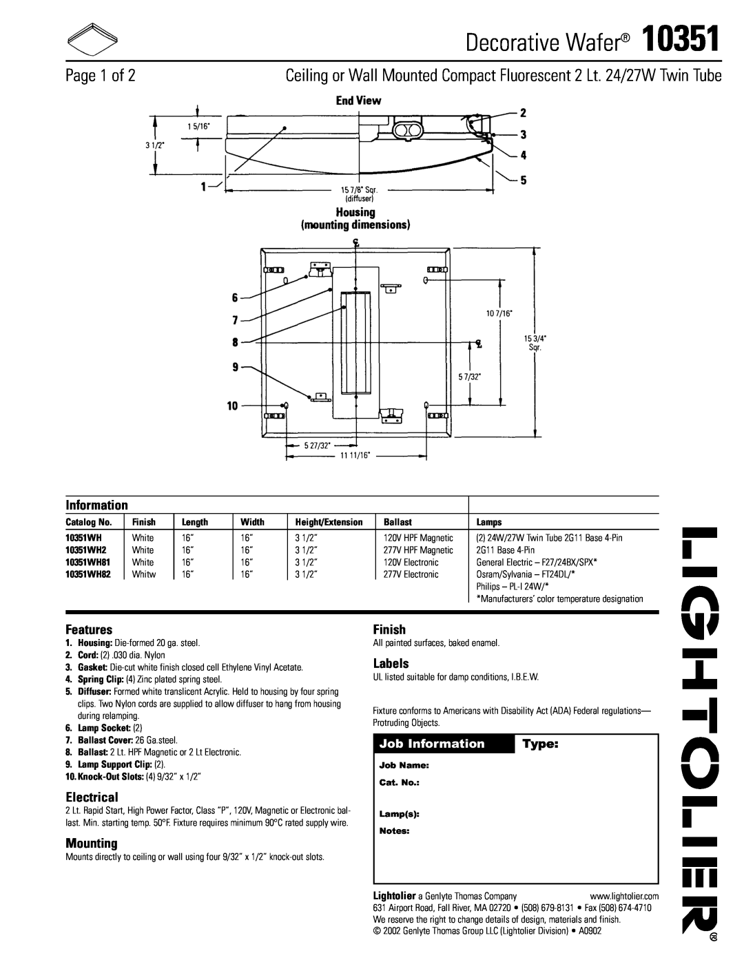 Lightolier 10351 manual Decorative Wafer, Page 1 of, Job Information, Type, Features, Electrical, Mounting, Finish 