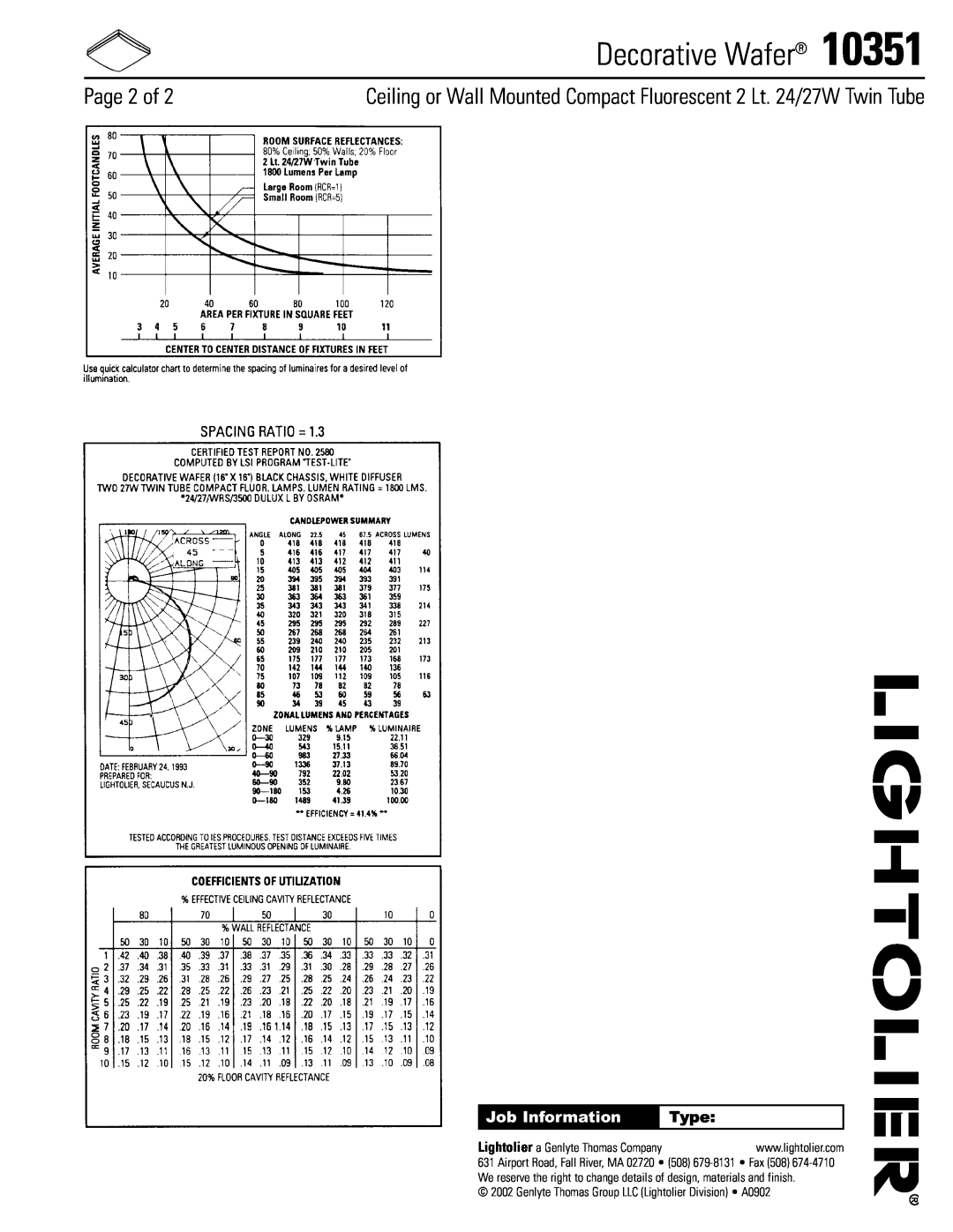 Lightolier 10351 manual Page 2 of, Type, Decorative Wafer, Job Information, Lightolier a Genlyte Thomas Company 